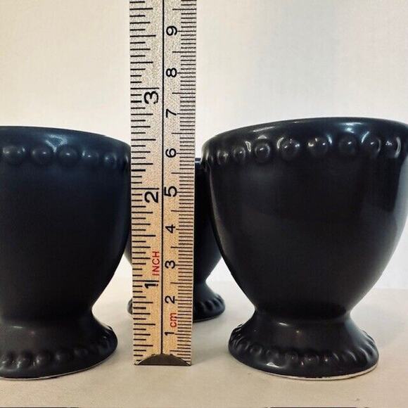 Egg Cup Holder, Blue/Grey Ceramic Set of 3, Embossed Decorative Rim, China - Picture 8 of 8